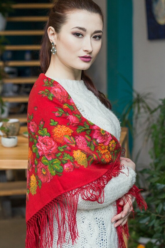 Red wool vintage shawl, floral Ukrainian oversized