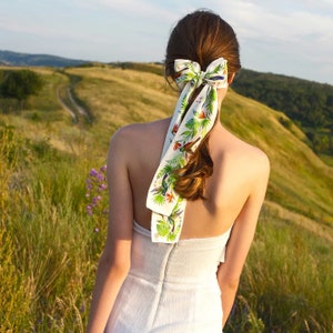 Colibri bird 100% silk scarf, prom wedding silk hair accessory, floral bandana wrap