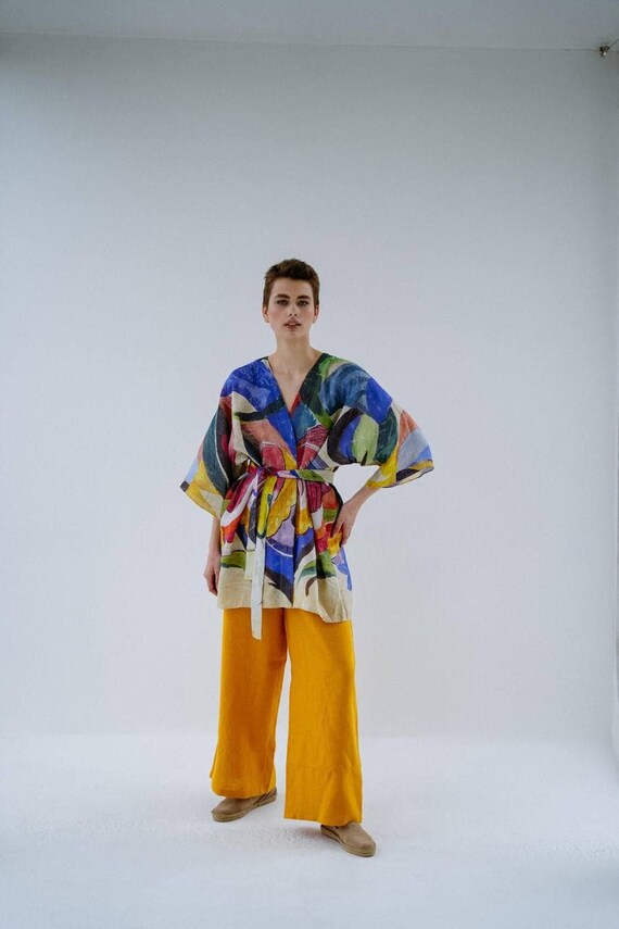 Short Colorful Kimono Jacket, Cotton Linen Abstract Print Dress - Main Image