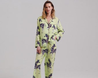 Sommer Satin Seidenanzug, Frau Kreuzfahrt Outfit, Langarm Seidenhemd und Hose, Urlaubs Seidenanzug mit Zebra Druck