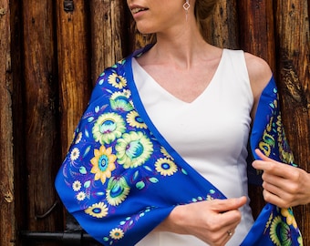Blue 100% natural silk scarf in Petrykivka style, yellow sunflowers silk woman shawl, Ukrainian art shawl