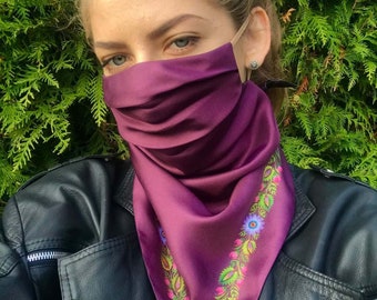 Silk mask with unique flower print, silk face covering, reusable face mask, silk scarf, neck gaiter, washable face mask