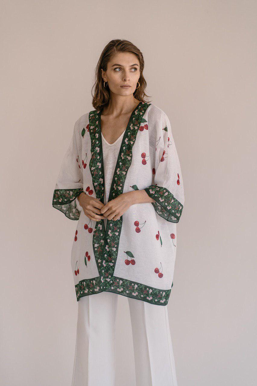 White Kimono Jacket With Cherry Print 