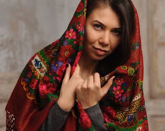 Red floral shawl with fringes, piano  shawl, Ukrainian floral shawl