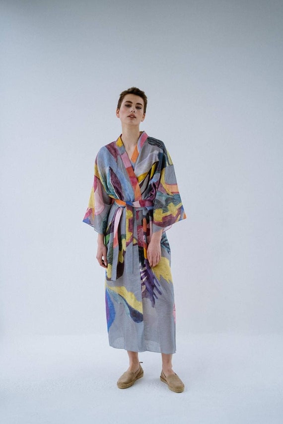 Leichtes Sommer Kimono Kleid, Boho Jacke mit abstraktem Print