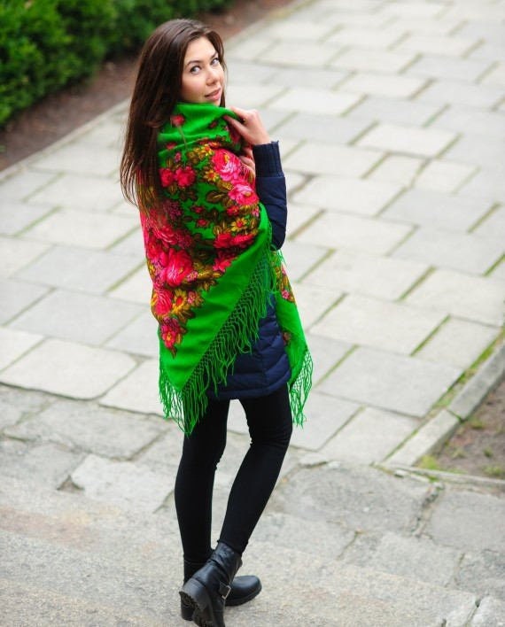 Large Green wool floral shawl, Ukrainian oversized