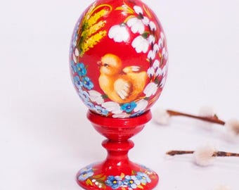 Pysanka Easter Egg, Red Hand Painted Wooden Egg with Yellow Chicken, Easter Basket Gifts, Red and Yellow Pysanky Eggs, Custom Spring Decor