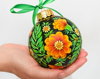 Ukrainian Christmas Tree Decor Ornament, Petrykivka Hand Painted Glass Bauble, Glass Ornament Handmade Gift Black Decoration Marigold Flower