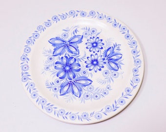 PETRYKIVKA Ukrainian Wall Art Blue Flowers Home Decor, Housewarming Gifts, Wooden Hand Painted Plate Wall Hanging,  Gift for Mom for Her