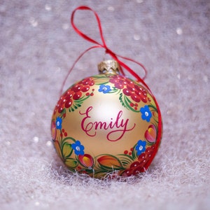 Gold Red Floral Ornament with Name | Personalized Xmas Baubles, Large Christmas Ornament, Christmas Tree Decor, Custom Gift
