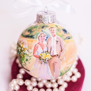 Portrait Ornament, Custom Handpainted Portrait from Photo, Wedding Couple Painted on Silver Bauble, Unique Gift in Gift Box, Engagement