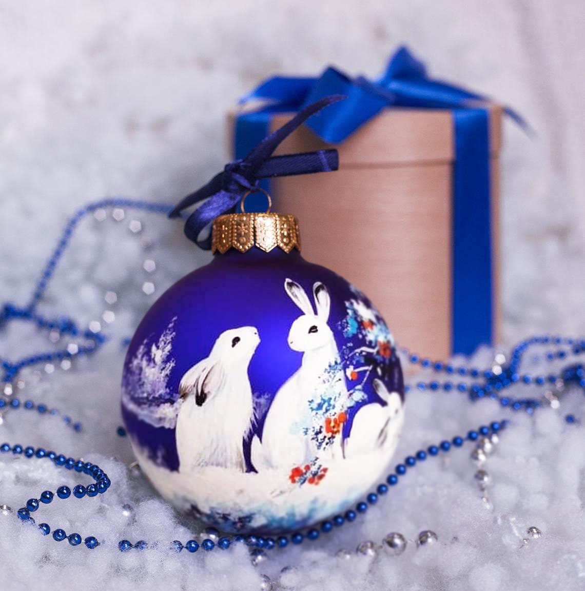 Bunny Ornament Hand Painted White Rabbits Custom Bauble Etsy