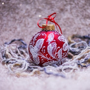 Red and White Glass Xmas Ornament | Hand Painted Glass Baubles, Ukraine Ornaments, Scandinavian Style, Christmas Decor, Free Gift Box