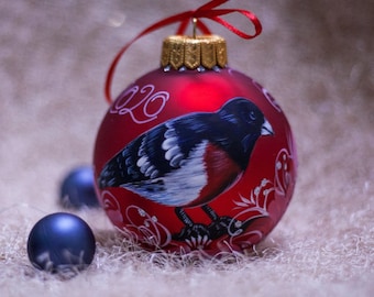 Bullfinch Ornament | Personalized Christmas Tree Bauble, Hand Painted Glass Bird Ornament, PETRYKIVKA Custom Decorations, Free Gift Box