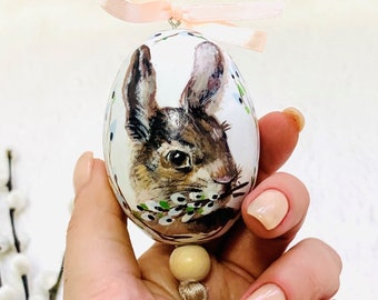 Easter Egg Hand Painted Bunny, Personalized Wood Egg, Easter Basket Stuffers For Girls For Boys, Miniature Painting Pysanky in Free Gift Box