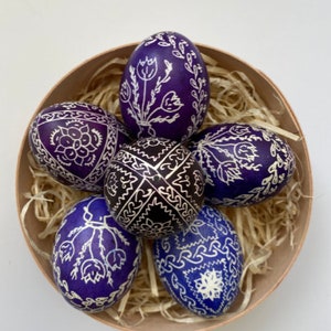 Mandala Purple Blue Hand Painted Pysanka Easter Egg Set of 6 | Pysanka Folk Easter Decorations, Wooden Painted Egg, Easter and Spring Decor