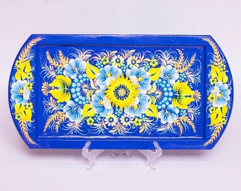 Petrykivka Tray Blue Yellow Hand Painted Wooden Tray |  Coffee Tea Tray, Blue Home Decor, Ukrainian Art, Thanksgiving Christmas Gift for Mom