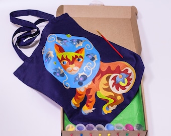 Tote Bag Painting kit - Stencil Drawing DIY Kit -  Mother day gift, Art kit, Paint kit, Kids craft kits, Cat painting, Adult DIY