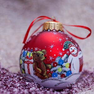 Personalized Glass Christmas Ornament, Hand Painted Snowman Xmas Bauble, Red Bauble,  Christmas Gift Free Gift Box, Custom Gift for Baby