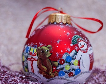 Personalized Glass Christmas Ornament, Hand Painted Snowman Xmas Bauble, Red Bauble,  Christmas Gift Free Gift Box, Custom Gift for Baby
