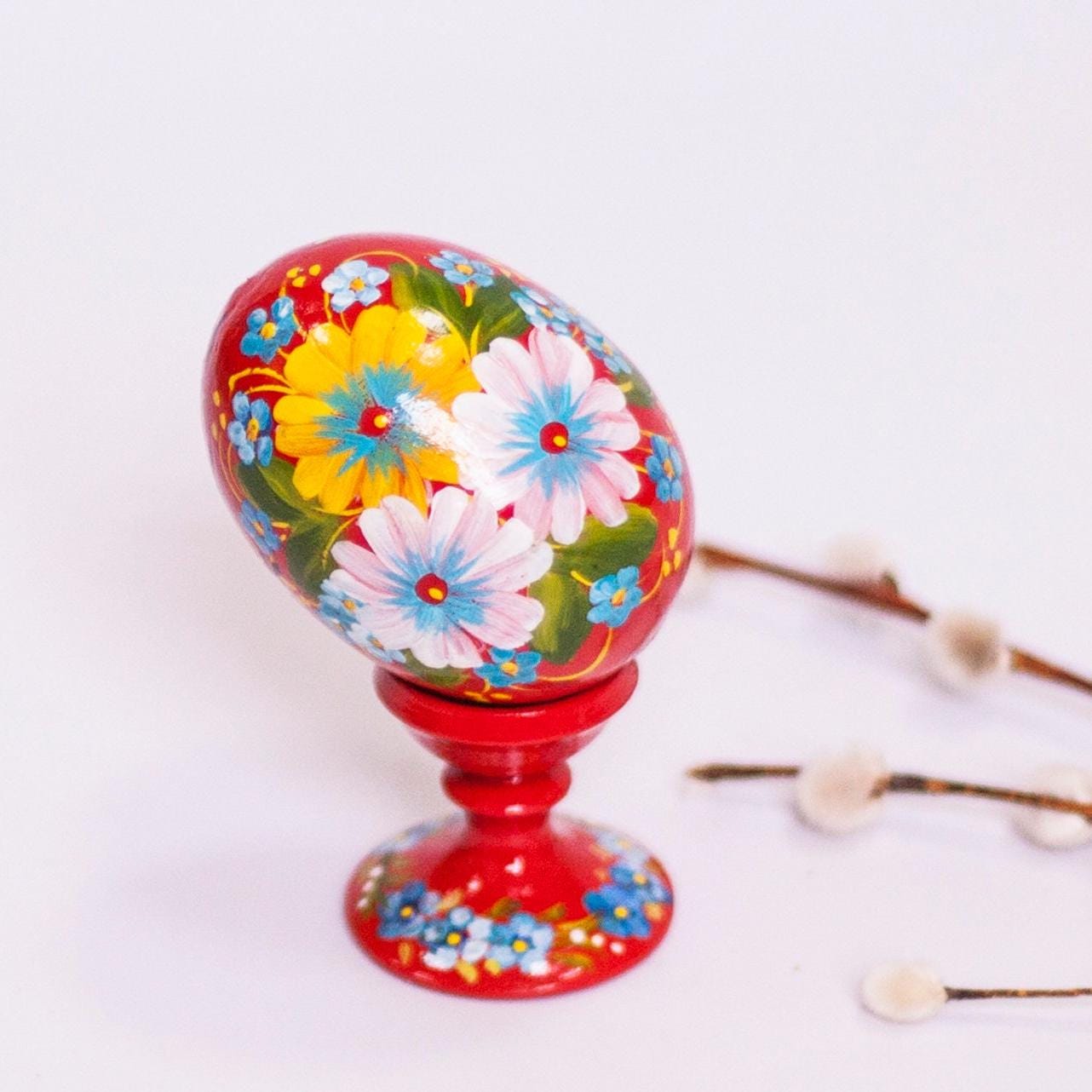 Pysanka Easter Egg, Red Hand Painted Wooden Egg With Yellow Chicken ...