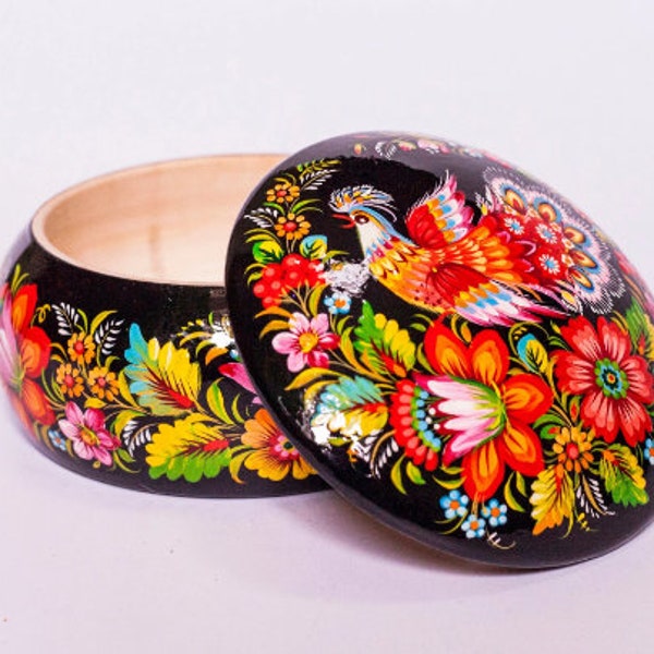 Petrykivka Peacock Trinket Box |  Hand Painted Bird Box Decor, Ukrainian Art Gifts, Black and Orange Round Wooden Box
