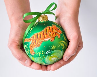 Christmas ornament Tiger ornament Chinese New year tiger symbol Hand painted Xmas tree decoration Christmas gift personalized glass bauble