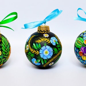 Ukrainian Christmas Tree Decor Ornament, Petrykivka Hand Painted Glass Bauble, Glass Ornaments Handmade Gift, Black Decoration Cornflower