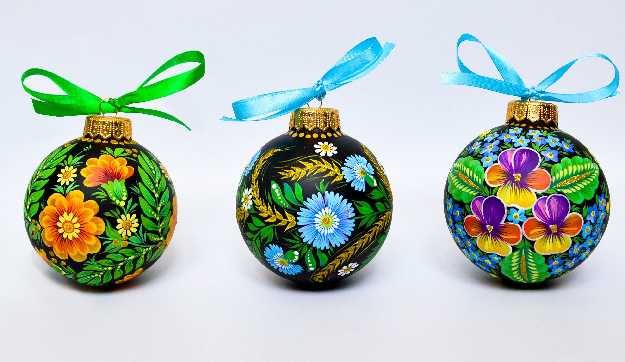 Ukrainian Christmas Tree Decor Ornament, Petrykivka Hand Painted Glass Bauble, Glass Ornaments Handmade Gift, Black Decoration Cornflower