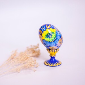 Yellow and Blue Pysanka Easter Egg, Hand Painted Wooden Egg With Flower ...