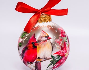 Couple of Red Cardinals Christmas Glass Ornament, Custom Hand Painted Holiday Bauble, Personalized Christmas Gift,  Cardinals Winter Decor