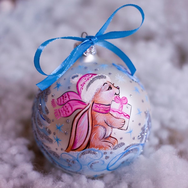 Baby Girl Christmas Ornament | Baby Bunny, 1st Christmas, Newborn, Personalized Baby Shower Gift, Glass Hand Painted Bauble, Free Gift Box