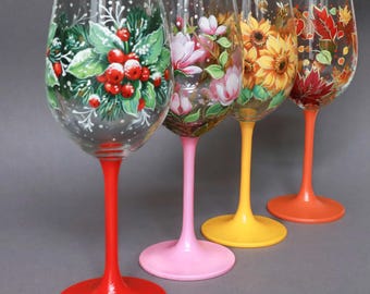 Four Seasons Wine Glass Set, Hand Painted Artistic Wine Glasses, Season themed Decor, Folk Art Painted Glassware, Wine Lovers Gift