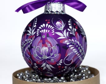 Purple Christmas Ornaments |  Floral Christmas Tree Baubles, Ukrainian Hand Painted Christmas Tree Decor, Christmas Gift Large Glass Ball