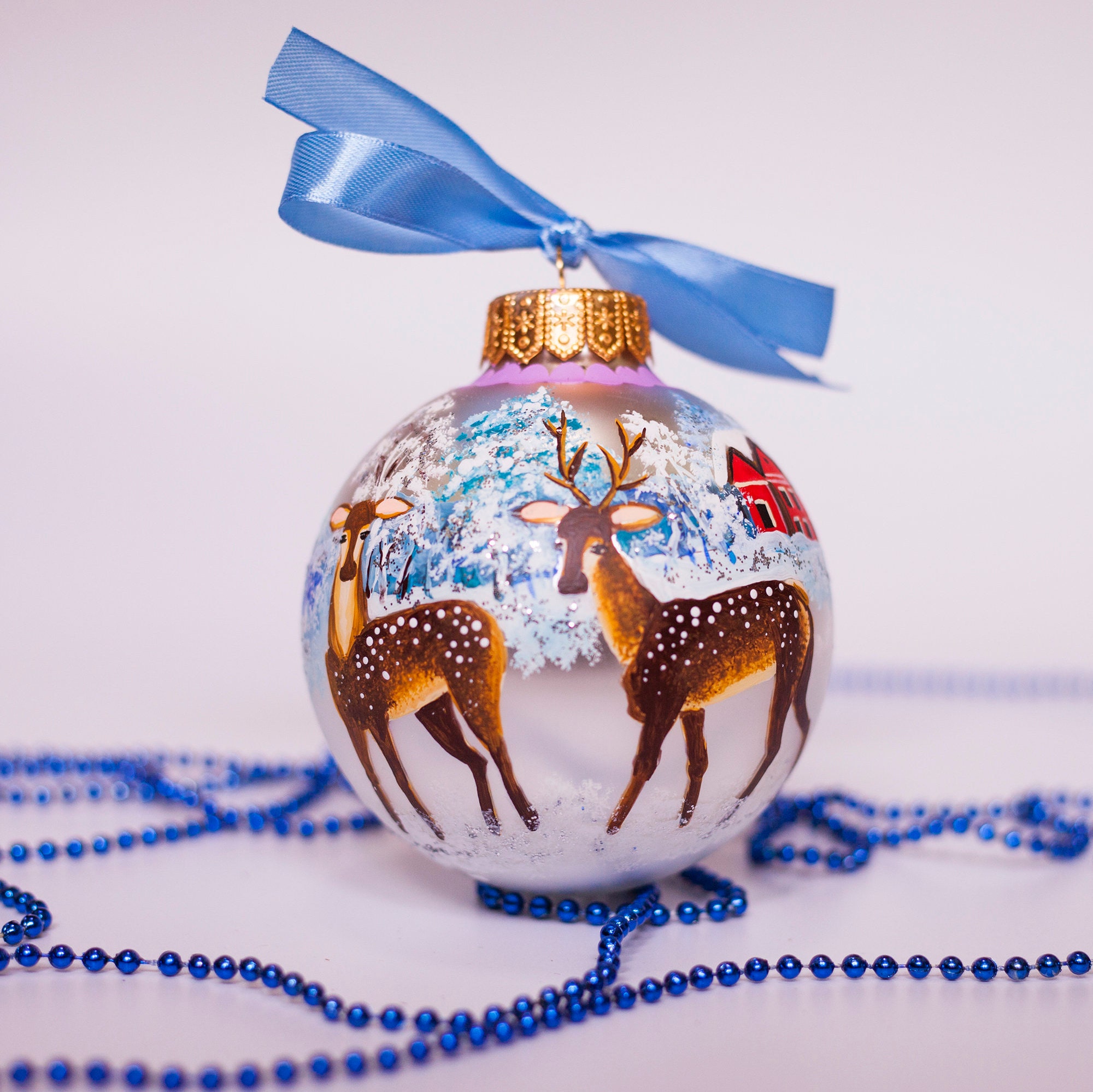 Hand Painted Deer Christmas Ornaments Snow Christmas Scene Etsy Australia