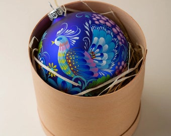 Décoration paon bleu PETRYKIVKA, boule de Noël personnalisée, décoration d'oiseau en verre peinte à la main, cadeau déco de Noël, boîte cadeau gratuite