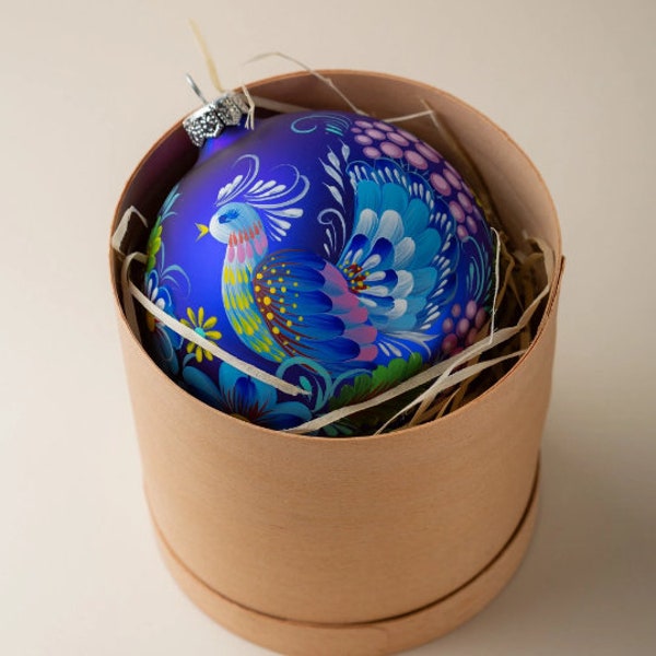 Blue Peacock Ornament PETRYKIVKA Personalized Christmas Tree Bauble, Hand Painted Glass Bird Ornament, Christmas Decor Gift, Free Gift Box