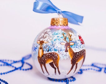 Hand Painted Deer Christmas Ornaments Snow Christmas Scene, Custom Collectible White Bauble Daddy Gift Family Christmas Gift for Grandpa