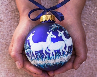 Deer Christmas Ornaments Hand Painted Personalized Glass Holiday Gift Winter Forest Scene Unique Christmas Bauble Family Ornament Free Box