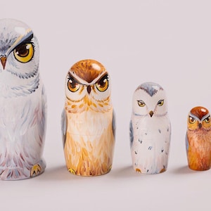 Owl Hand Painted Nesting Doll, Wooden Dolls and Toys, Owl Family Home Decor, Bird Nesting Doll, Matryoshka Christmas Gift