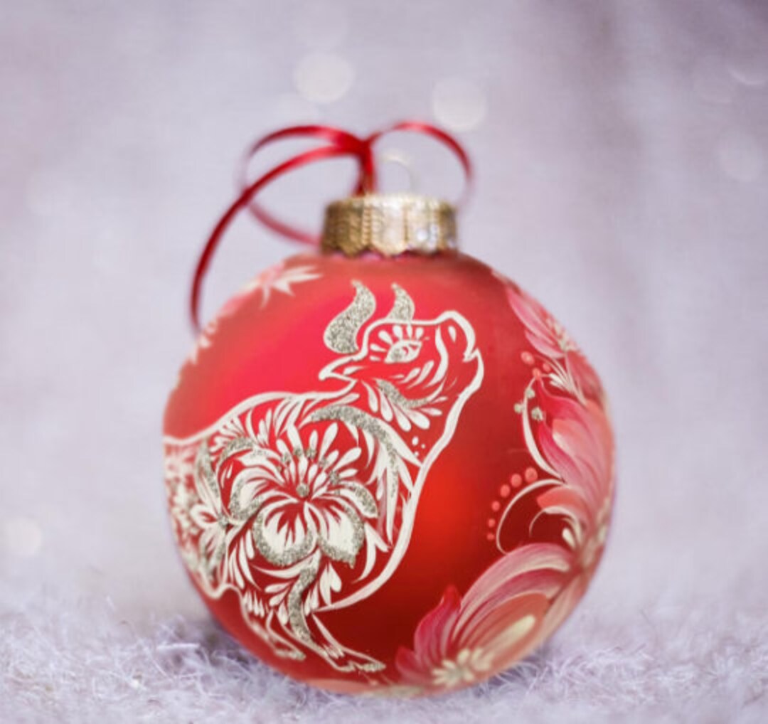Ox Zodiac Ornament Chinese Zodiac Glass Red Bauble Hand Etsy