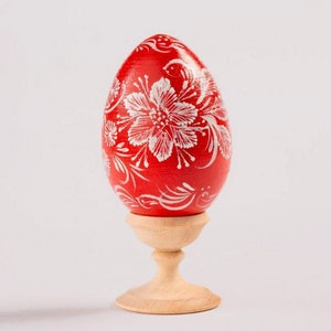 Red and White Pysanky Eggs, Floral Hand Painted Wooden Egg, Ukrainian Pysanka Egg, Easter Basket Gifts, Easter Table Decoration, Pysanka