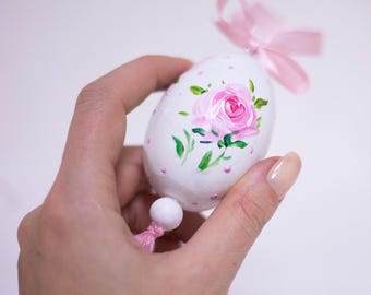 Painted Easter Egg with Flower, Hand Painted Roses Easter Table Decor, Ukrainian Wooden Egg with Petrykivka Painting, Eggs for Hanging
