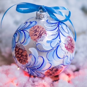 Frosted Pine Cones Ornament, Hand Painted Silver Glass Bauble, Personalized Ornament, Pine Cones in Snow, Name Painted Gift, Christmas Gifts