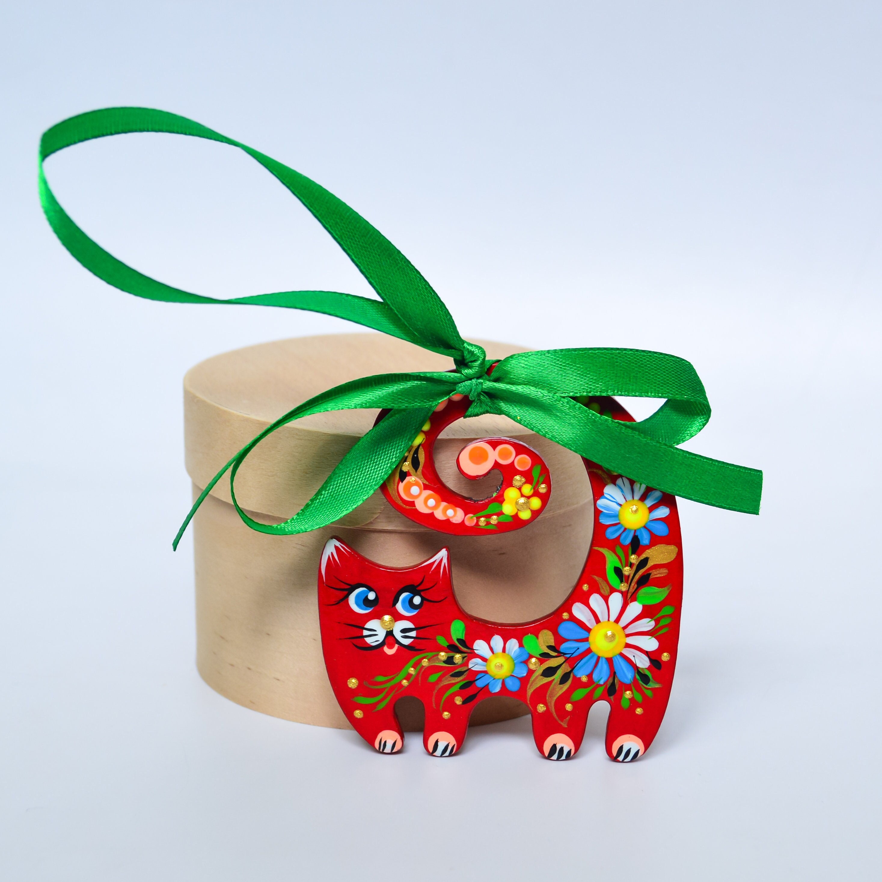Ornement De Noël Chat En Bois Peint à La Main - Style Petrykivka (Ukraine) - Dimensions 7x8,5x0,5 Cm - Fait Main Unique