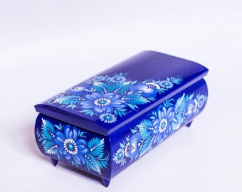 Caja de madera Petrykivka azul / Caja de recuerdos para mamá, decoración del hogar, joyero de flores azules, pintado a mano, regalo del día de las madres, para Nana, para mamá