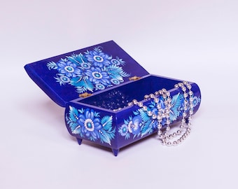Blue Floral Petrykivka Wooden Jewelry Box | Hand Painted Keepsake