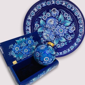 Petrykivka Ukrainian Christmas Decorations | Set of 3: Hand Painted Wooden Plate, Glass Christmas Ornament and Blue Wooden Jewelry Box