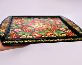 Petrykivka Hand Painted Wooden Serving Tray |  Coffee Tray, Tea Tray, Orange and Black Home Decor, Ukrainian Art, Christmas Gift for Mom