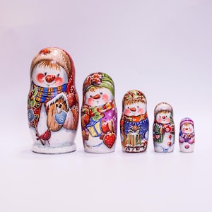 Wooden Snowman Nesting Dolls -  Winter wood decor Hand painted Ukrainian doll - Christmas gift snowman